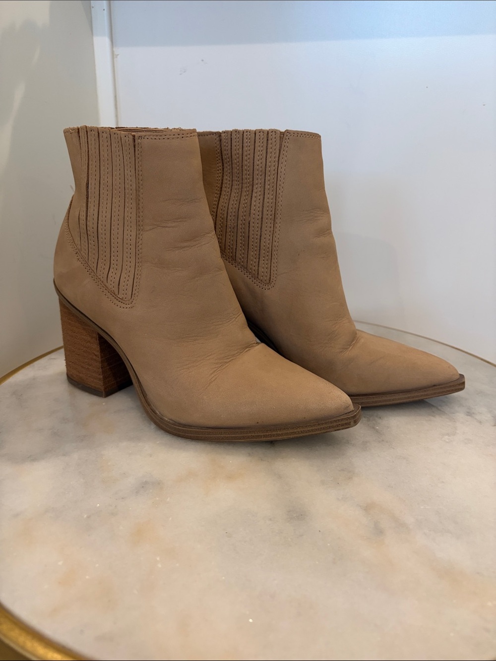 Steve Madden Tan Block Heel Pointed Ankle Boots